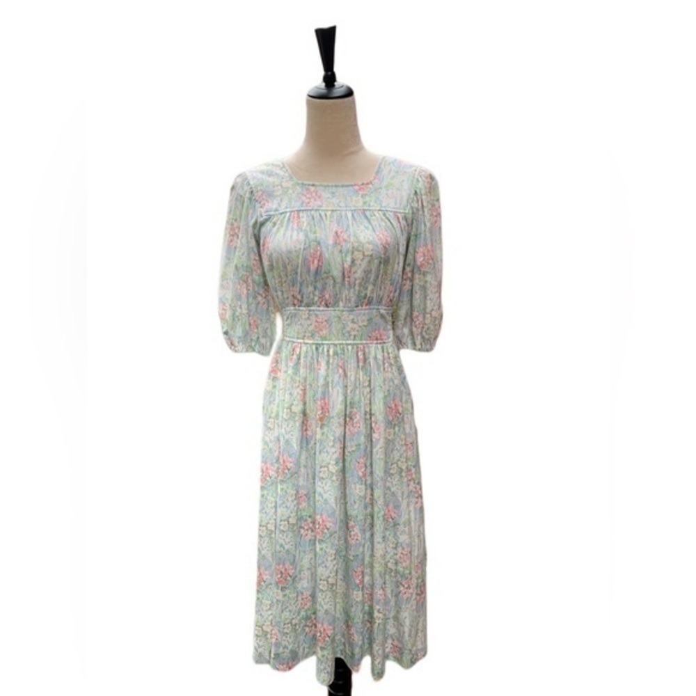 Vintage Toni Todd Floral Midi Dress | Cottagecore Feminine Pastel Puff Sleeve‎